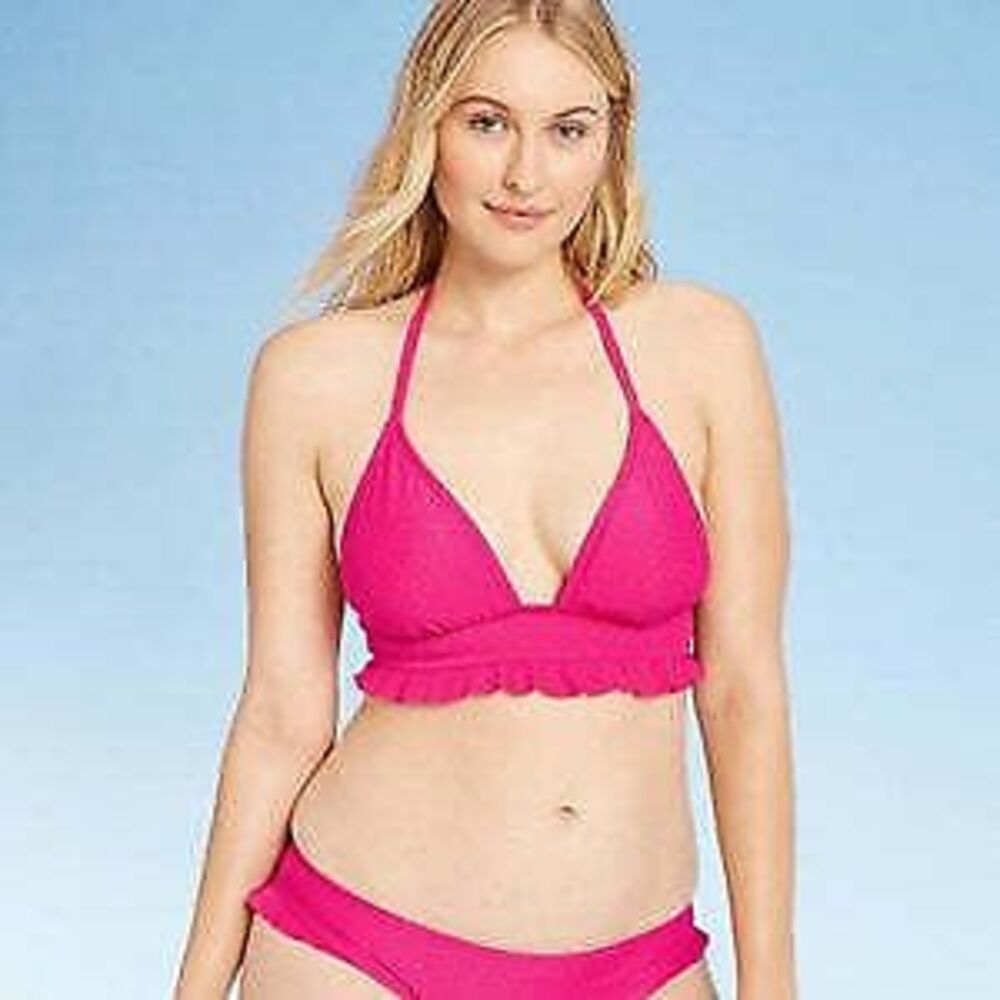 Shade & Shore Women's Textured Dot Ruffle Halter Bikini Top - Med